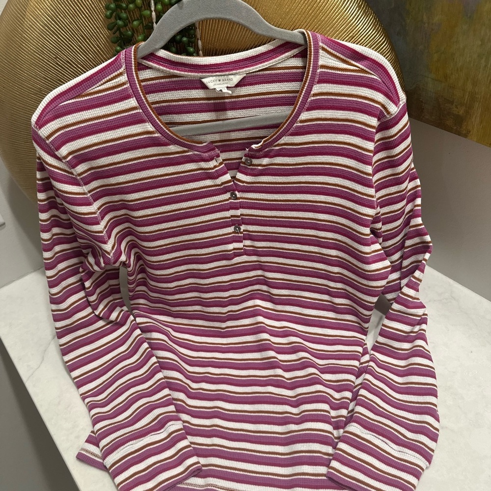 Lucky Brand Pink and White Striped Long Sleeve Henley